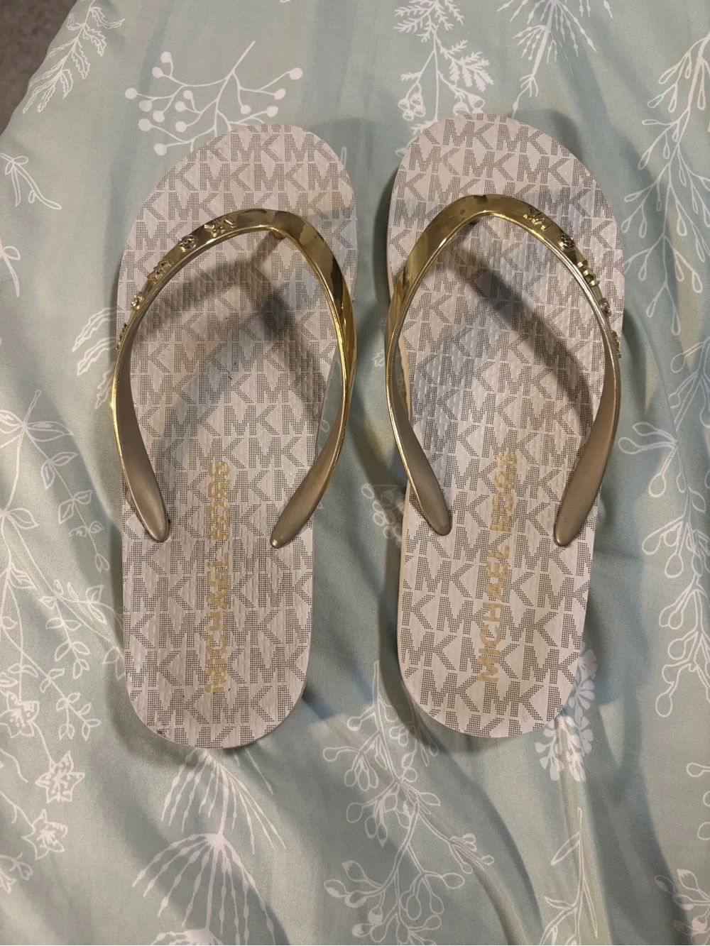 Michael Kors Gold and Beige MK Logo Flip Flops